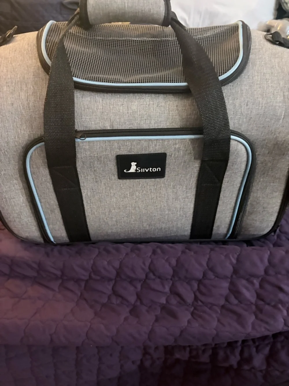 Grey Nylon pet carrier Travel Duffel with Light Blue Trim